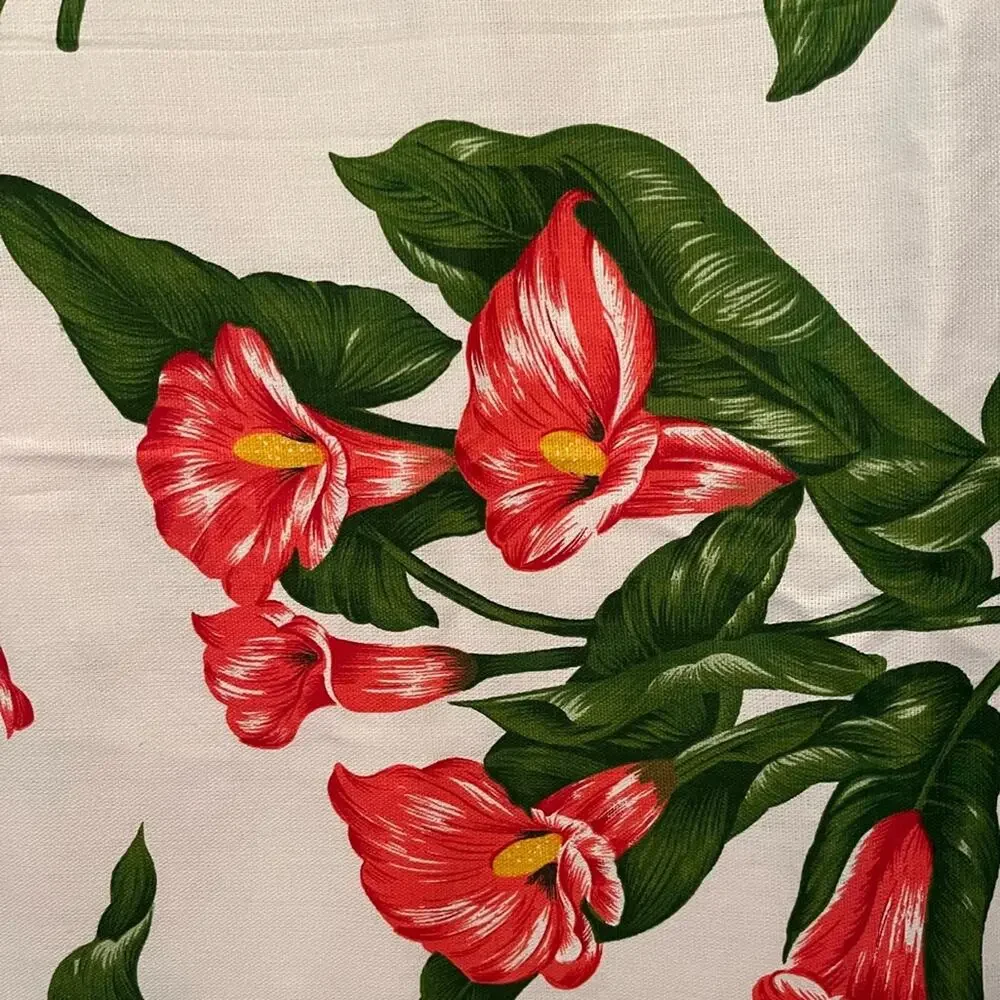 Italian Cotton Pink Hibiscus Green Leaf Tablecloth